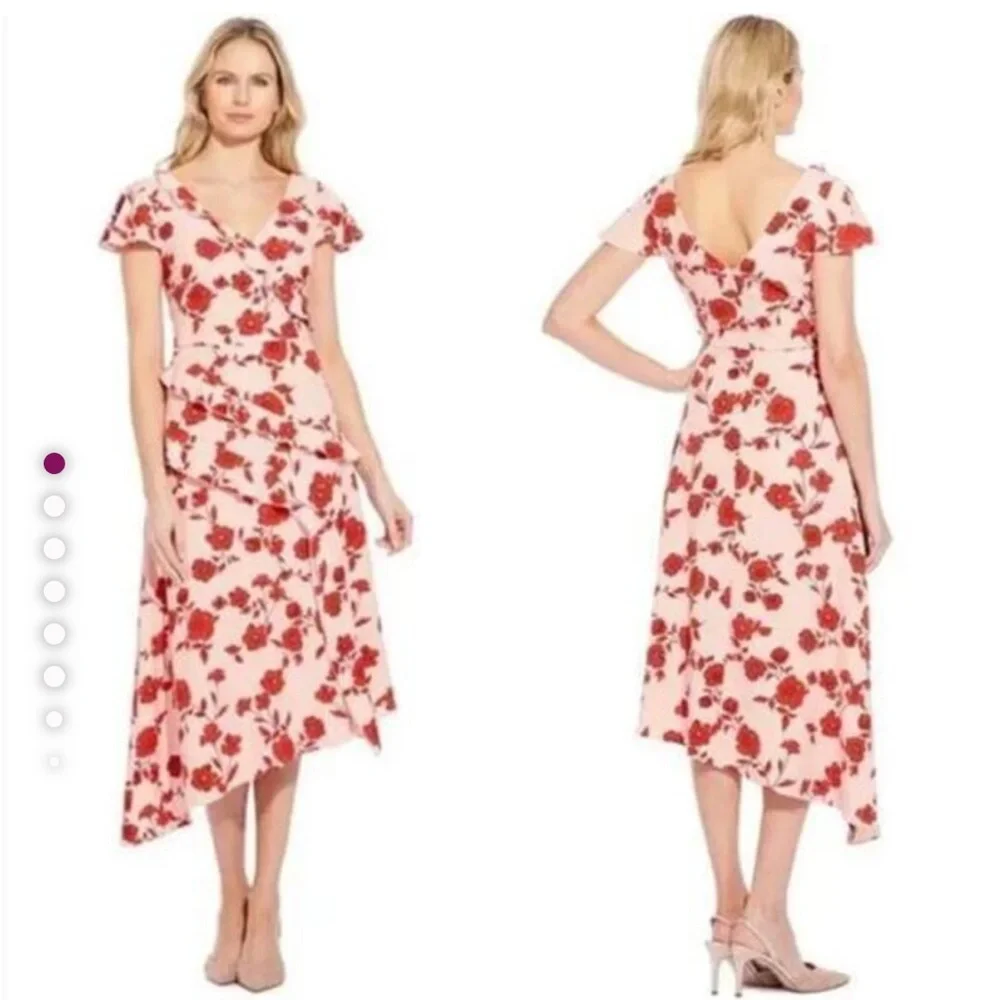 Adrianna Papell Living Blooms‎ Ruffle Flare Midi Floral Dress Size 2 - Picture 2 of 9